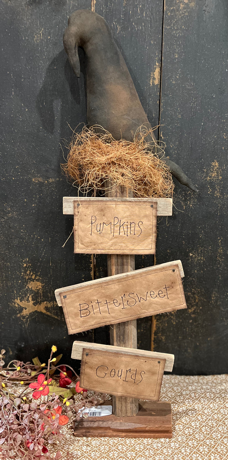 Hanging Primitive Fabric On Wood Stand - 1 Crow